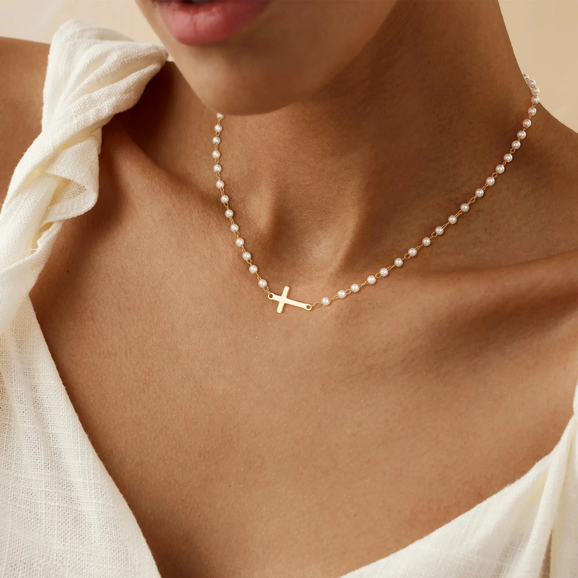 Chesky Gold Cross Necklace for Women | 3mm Pearl Chain Necklace with Smooth Sideways Cross Pendant | Waterproof Minimalist Faith Jewelry | Trendy Layered Necklace
