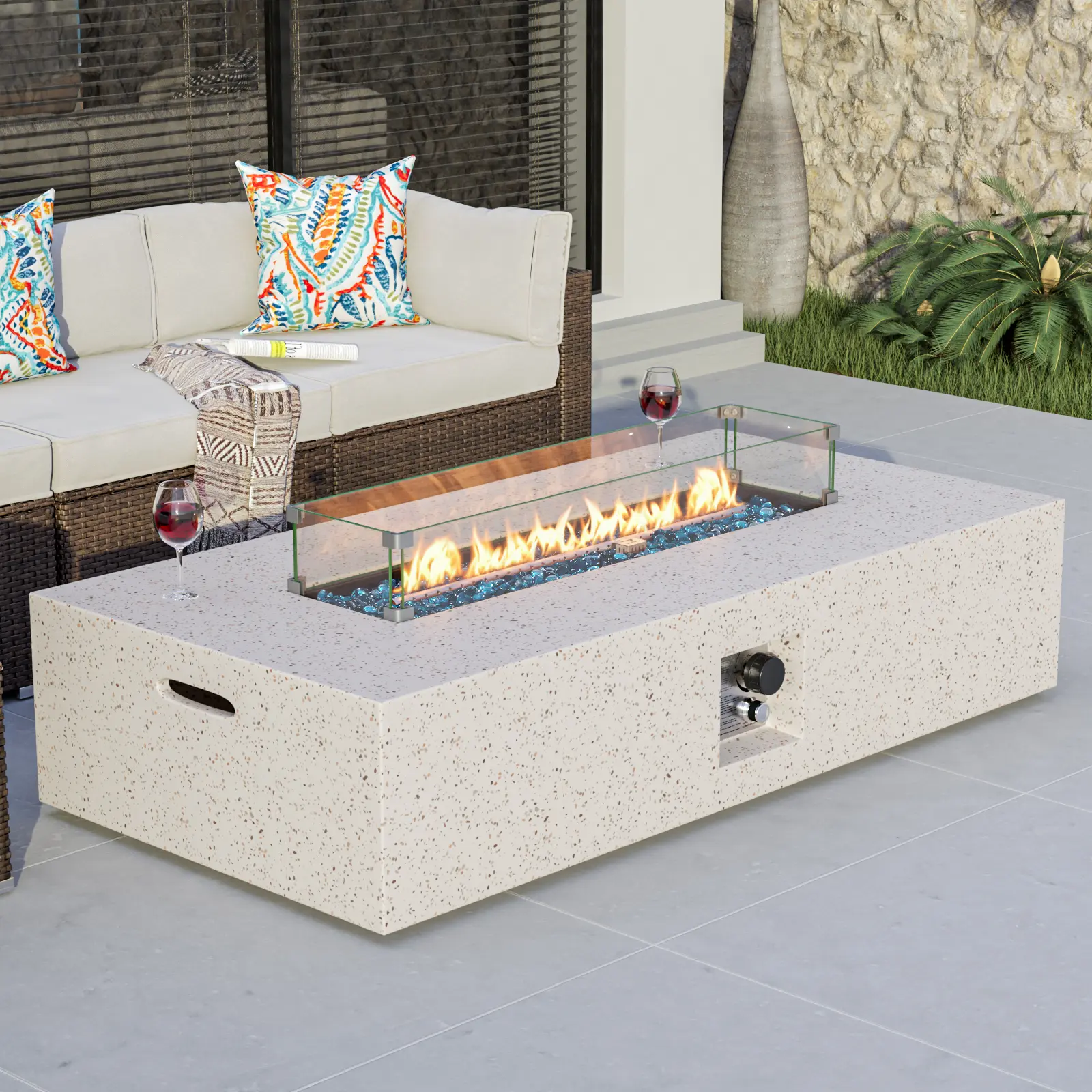 COSIEST 56" Rectangular Terrazzo Propane Fire Pit Table, 50,000 BTU Outdoor Gas Fire Table with Glass Wind Guard & Blue Fire Glass for Backyard Patio