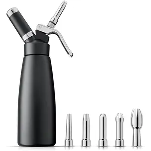 Whipped Cream Dispenser - Leak-Free Whip Cream Maker Canister with 5 Decorating Nozzles & Cleaning Brush - N2O Chargers (Not Included) (Black, 500ml) Pastry Decorative Kit Dessert