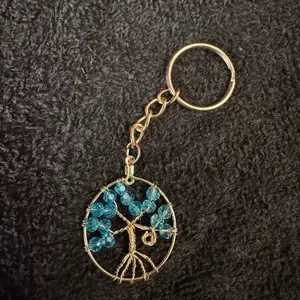 Tree of Life Keychain with Blue Beads and Gold Chain
