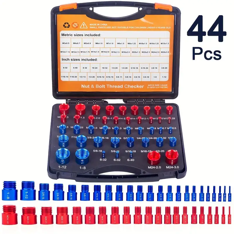 44Pcs Alloy Nut and Bolt Thread Inspector, Charge-Free Thread Gauge, Metric and SAE Size Identification Tool for Inspection of Fixed Bolts or Threaded