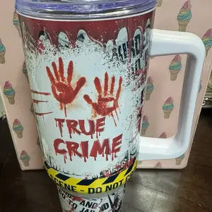 True Crime 40oz Tumbler with Bold Design and Unique Handprint Motif for Fans of True Crime