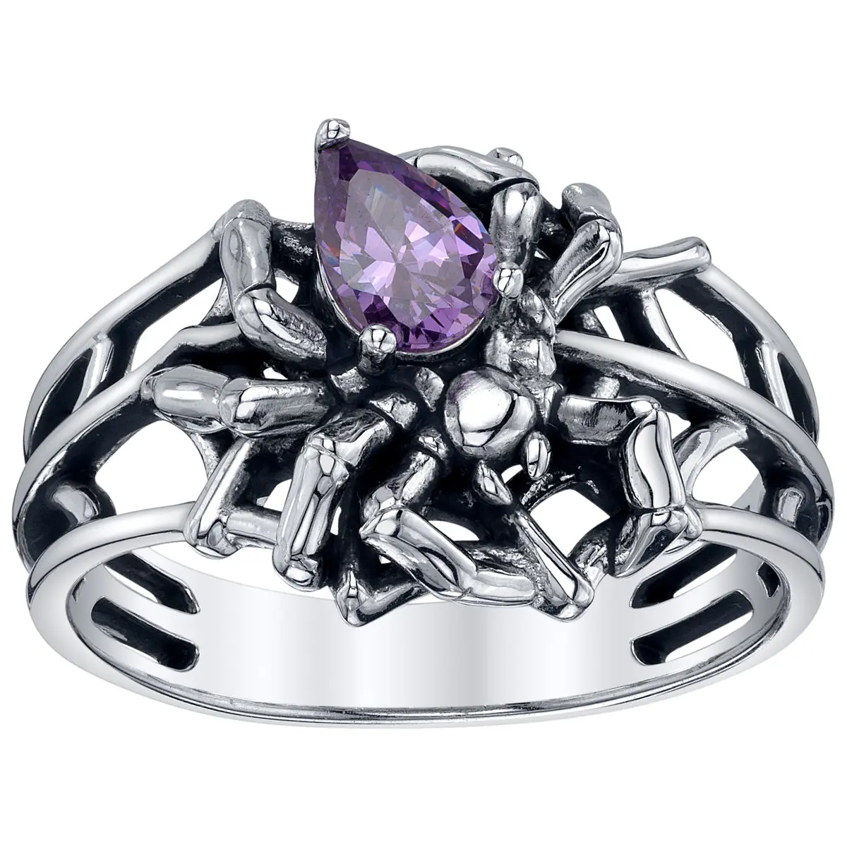 RockLove Boo-Tique Halloween 925 Purity Silver Spinning Spider Ring, 13x5mm Cubic Zirconia Accents, Gothic Look Jewelry Accessory, Nickel-Free