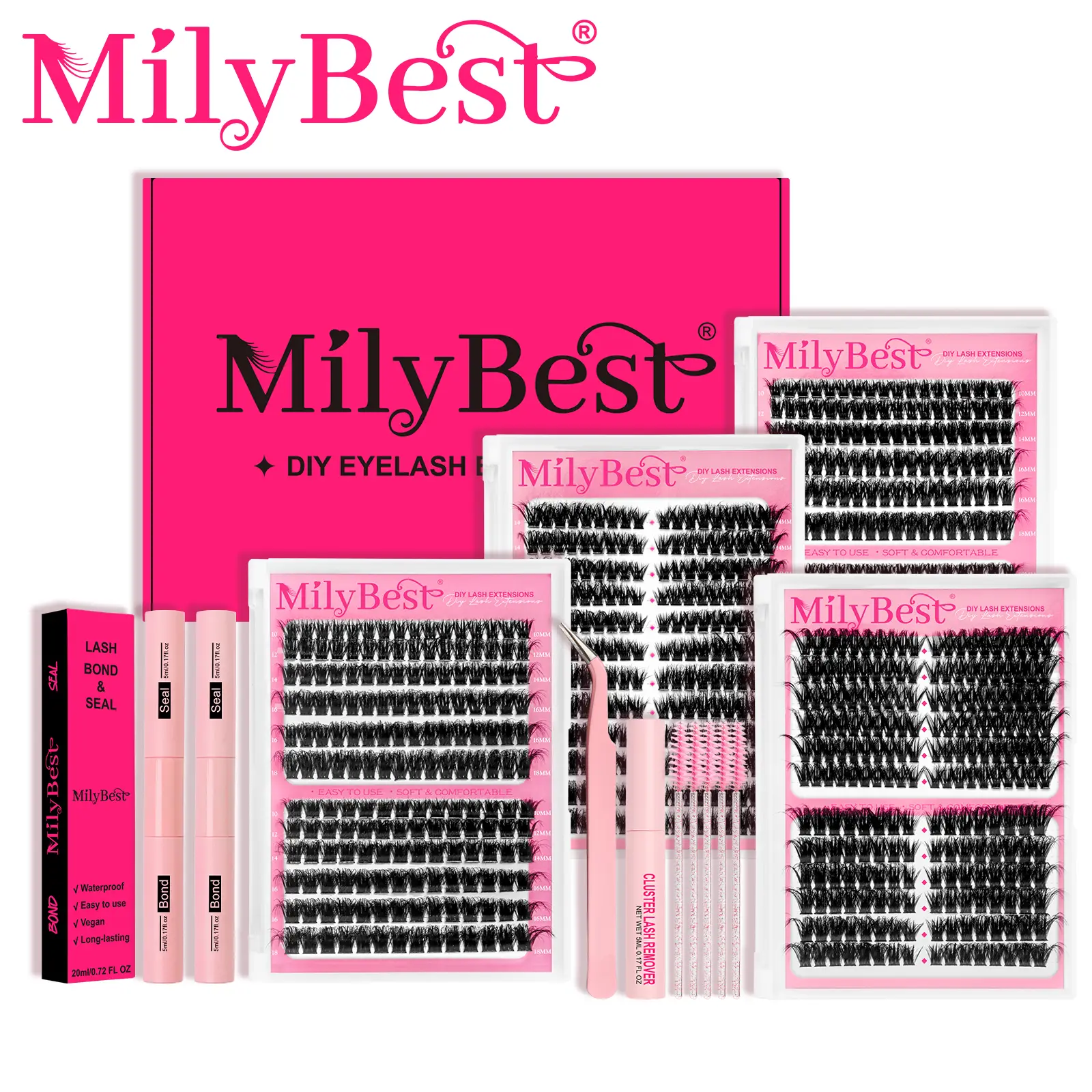 MilyBest 4 Styles Lash Clusters Kit,1 Set Mixed Length Individval Eyelash Extensions Kit,Self Grafting False Eyelashes with Tweezers&Glue&Remover,Pref