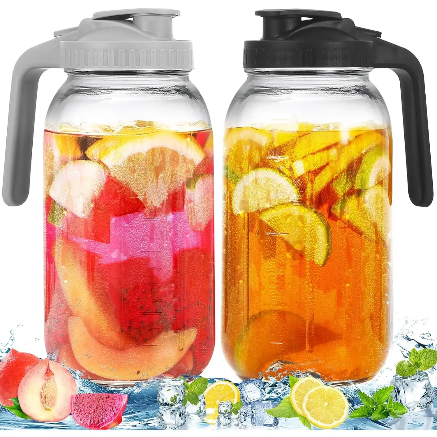 2 Pack Glass Pitchers with Lid, 64 oz Sun  Pitcher, Half Gallon Mason Jar Pitcher with Wide Mouth Airtight Lid for Ice , Cold Brew Coffee, Fridge Water, Milk, Juices, Leak Proof Water Jug