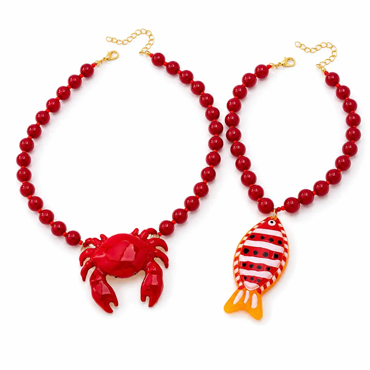 Ocean-Inspired Red Beaded Necklace for Women, Crab & Fish Pendant Necklace, Adjustable Summer Beach Vacation Statement Jewelry Gift