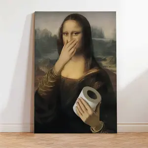 Funny Mona Lisa Canvas Wall Art – Vintage Style 2D Print, Aesthetic Bathroom Decor, Quirky Wall Decor for Bedroom, Office, Funny Gift
