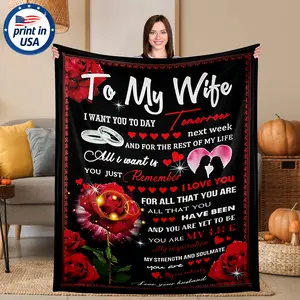 Flannel Throw Blanket with Romantic To My Wife Love Letter Design, 280GSM Ultra Soft Cozy Warm Comfortable Lightweight Portable for Bedroom Couch, Heartfelt Gift for Wife from Husband on Anniversary Valentine's Day