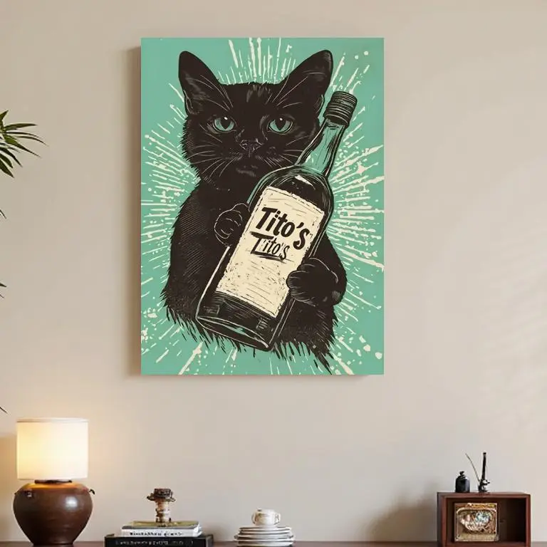 Glossy Paper Retro Comic Style Black Cat with Tito's Vodka Bottle Framed Photo - 1pc Artistic Wall Decoration, Indoor Home Decor for Living Room, Plastic Print Gift for Home Office Enthusiasts, Thick