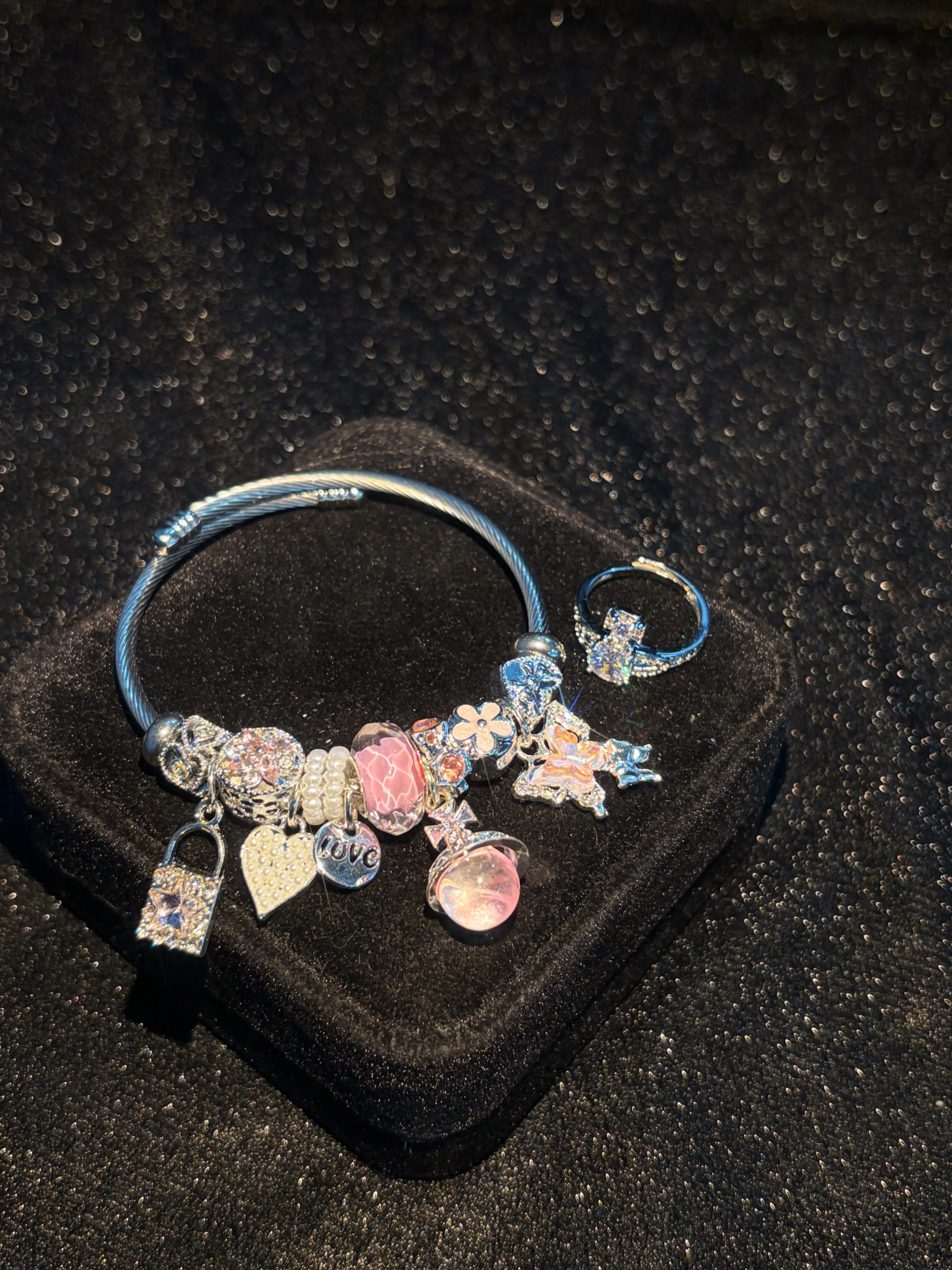 2Pcs Jewelry Set, Silver Tone Pink Cubic Zirconia Beaded Bangle & Square Cut Ring for Women, Sweet Hand Jewelry Gift