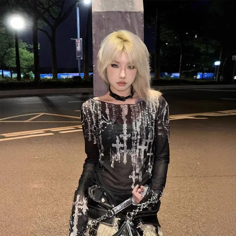 Dark Punk Off Shoulder Sheer Mesh Long Sleeve Top, Dripping Cross Print Alt Spicy Girl Layering Tee