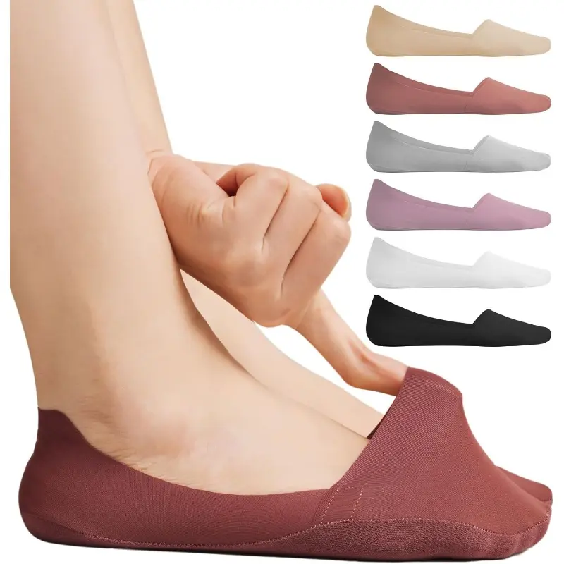 Lady's 5-Pairs Basic Nylon Plain Invisible No-Show Socks, Non-Slip Thin Silky French Terry Low Liners for Loafers, Flats, Silky Under Flats, Sock Set, Five Pairs