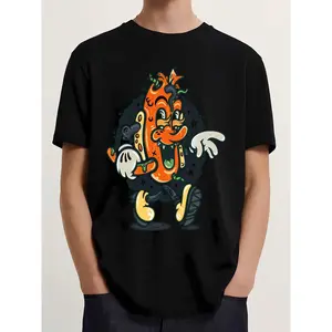 T-shirts printed with cartoon hot dog designs, creating a unique fashion style. Urban streetwear suitable for men, women, mothers, and friends. Available in couple sets, stylish and loose-fitting, youthful and vibrant. Men's daily wear tops, women's gift