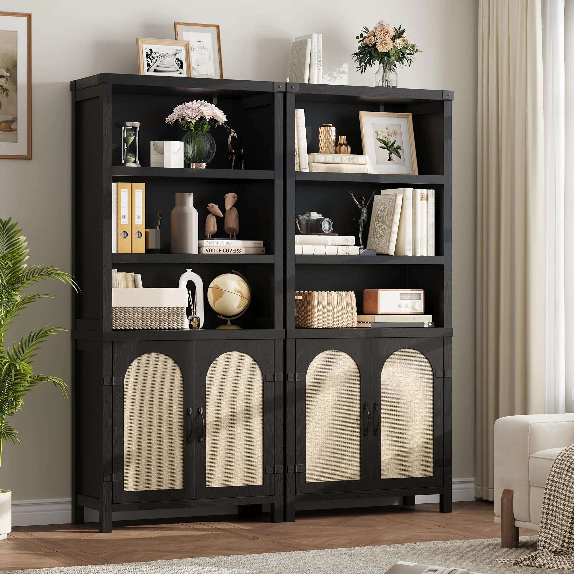 2Pcs Farmhouse Bookshelves and Bookshelves with Door, 70" High Bookshelves with Three Levels of Open Storage, Floor Standing Display Shelves, Bookcases for Home, Office, Living room, Wood Color