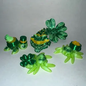 Flexi Mini Patrick Lucky Turtle, Mini Lucky Clover Spider, Mini Cauldron Spider, and Flushie Clover Tadling Dragon Figurines (3D printed)