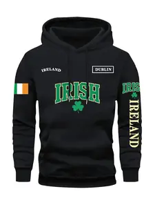 Men's Casual Sports Hooded Graphic Sweatshirt with Irish Flag Design, Lightweight Fitted Pullover with Kangaroo Pocket, Trendy Fall & Winter Fashion