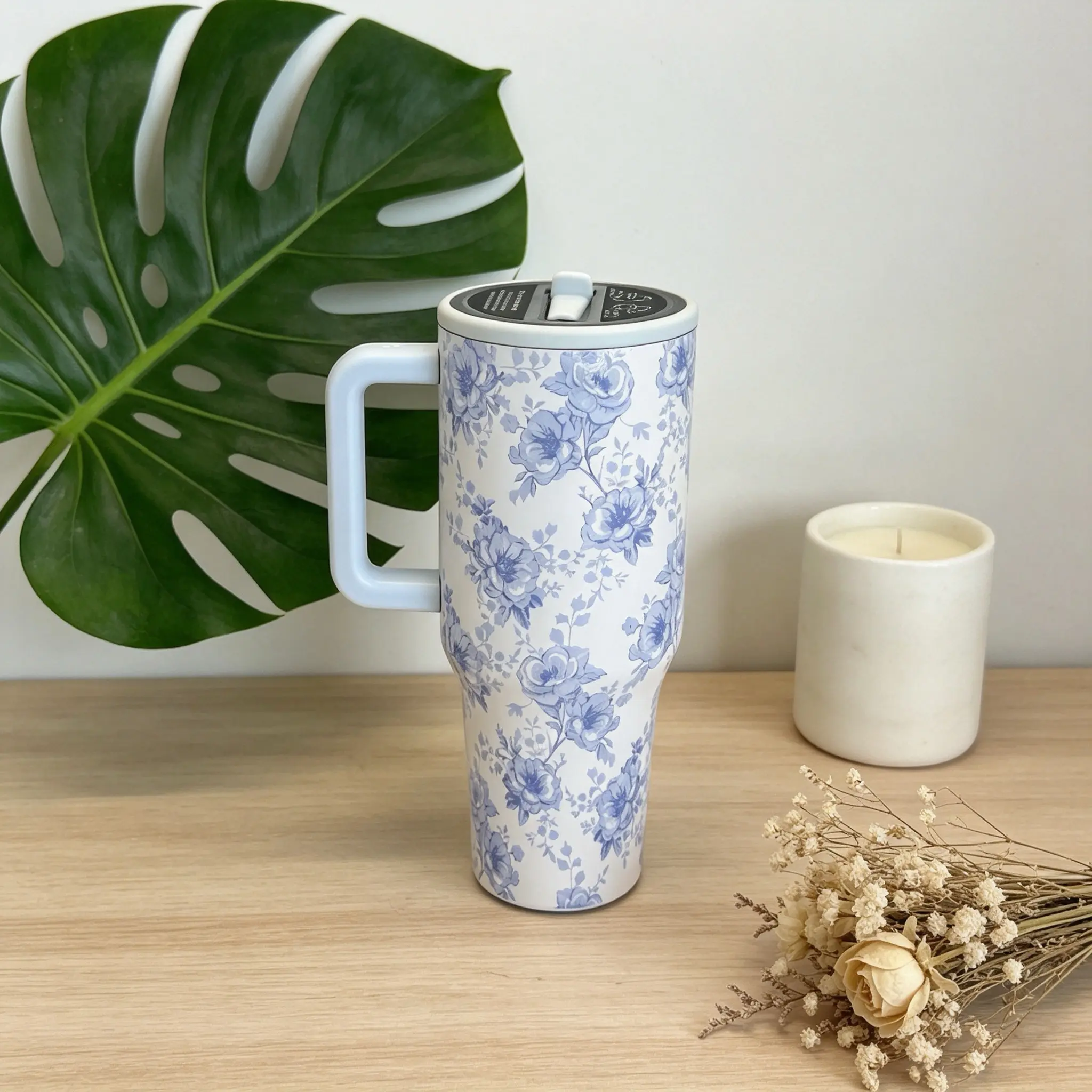 HydroJug 40oz Blue Floral Pattern Insulated Stainless Steel Water Bottle, 24-Hour Cold Retention, Leak-Proof Design With Handle And Straw, Non-Slip Rubber Base, Portable Insulated Travel Tumbler, Ideal For Office And Outdoor Use