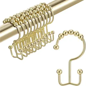 Shower Curtain Hooks Rings, Double Sided Rust Proof Hooks for Bathroom Shower Rods Curtain, Durable Stainless Steel Bathroom Shower Curtain Hangers, Gold, 12 Pieces