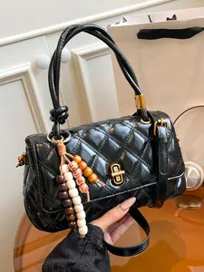 Vintage diamond grid quilted versatile shoulder bag, large capacity textured bead pendant crossbody bag, Crossbody messenger bag, suitable for shopping, commuting, work and going out