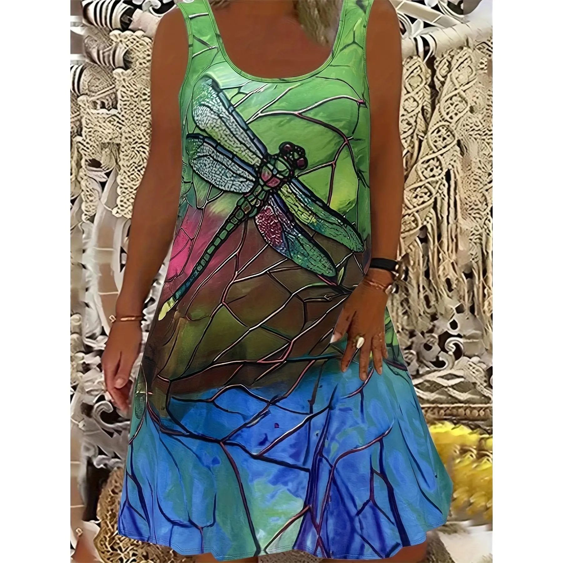 Plus Size Dragonfly Print Tank Dress, Casual Sleeveless Dress For Spring & Summer, Women's Plus Size Clothing