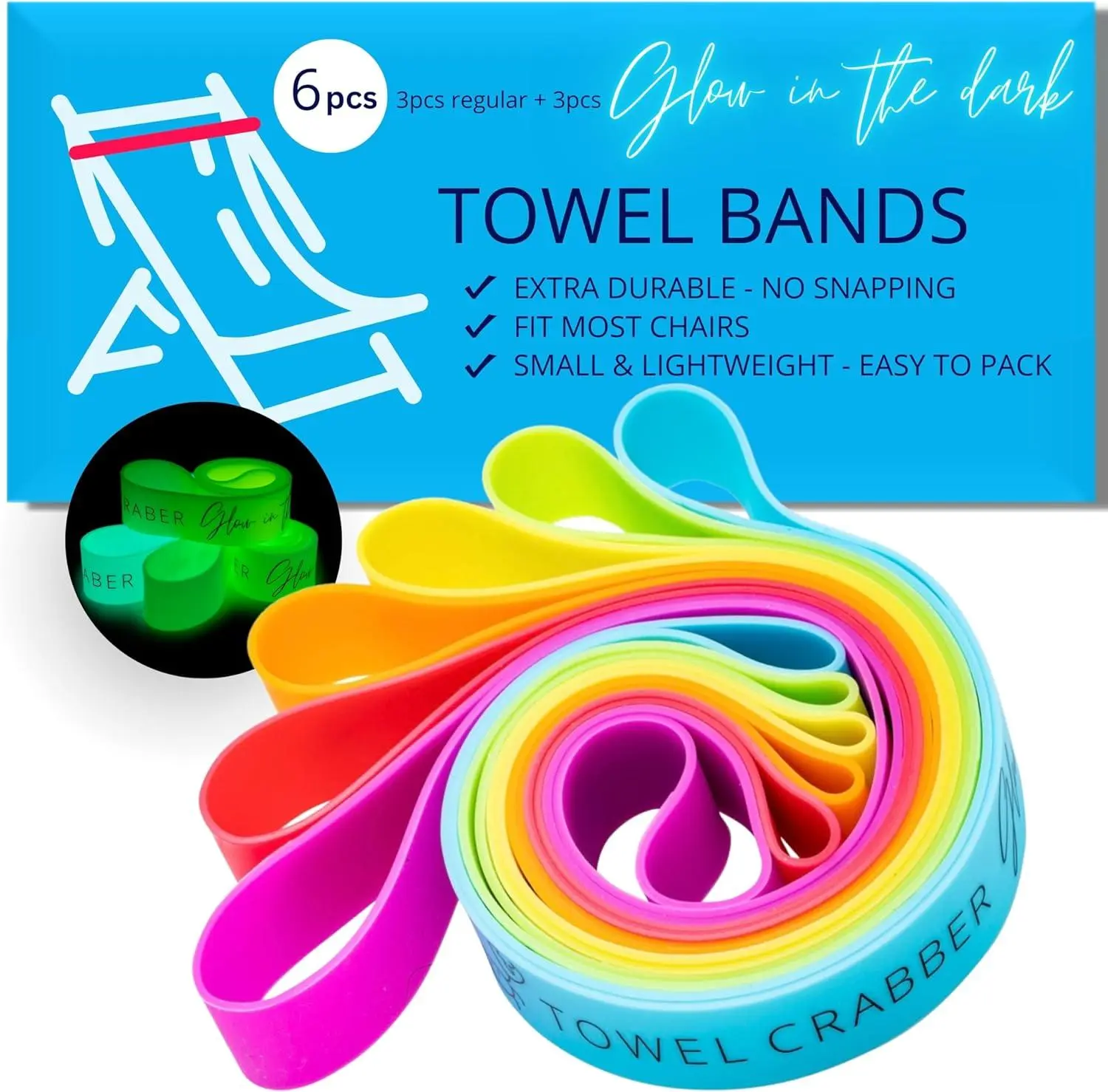 Silicone Towel Bands Set (6-Pack: 3 Regular + 3 Glow in the Dark), Extra Durable Chair Secure Accessory for Pool/Beach, Cruise Essentials, Gift Alternative to Beach Towel Clips