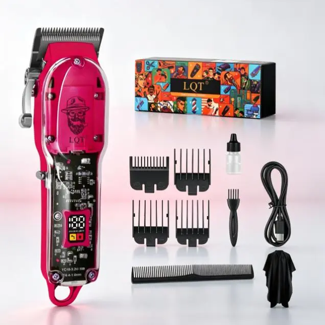LQT Transparent Pink Hair Clipper, Cordless Rechargeable Barber Trimmer with Visible Circuit Board, LCD Display Professional Hair Cutting Tool with Full Accessories