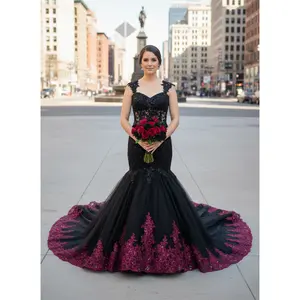 Shelby Black and Burgundy Mermaid Wedding dress with Removable Train , 2 in 1 Black and Burgundy Wedding Dress, Black Wedding Dress