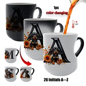 Dachshund Sunflower Color Changing Mug, 26 Letter Initial Magic Heat Changing Coffee Cup, 11 Oz/330ML, Perfect Gift for Dog Lovers