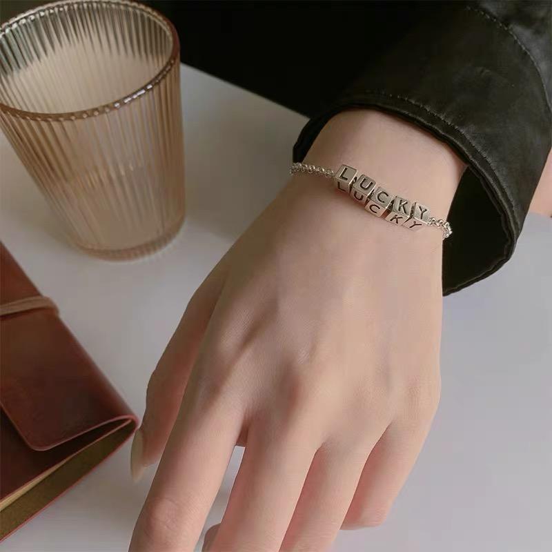 925 Sterling Silver Lucky Charm Bracelet: Geometric Cubes with English Letters, Perfect for Everyday and Party Wear