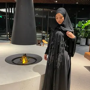 Khadija Abaya - Black Abaya with Decorative Embroidery, Long Sleeves, and Headscarf, Comfortable Fit for Everyday Wear