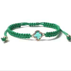 Green Handmade Woven Four Leaf Clover Glass Bracelet for Children Aged 5 and Up - Adjustable Length, Eco-Friendly and Spiritual. This is strictly handmade and not associated with any Major Brands.