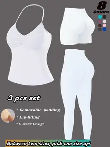 Women's New Seamless Halter Sports Bra + Peach Butt Pants + Shorts Set, V-Neck Detachable Pads, High Elasticity, Fashionable Slim Fit