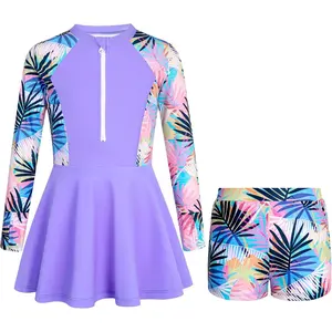 Girls Long Sleeve Swimsuit Two Piece Rash Guard Dress with Swim Shorts Front Zip for Kids Tween Teens UPF 50+