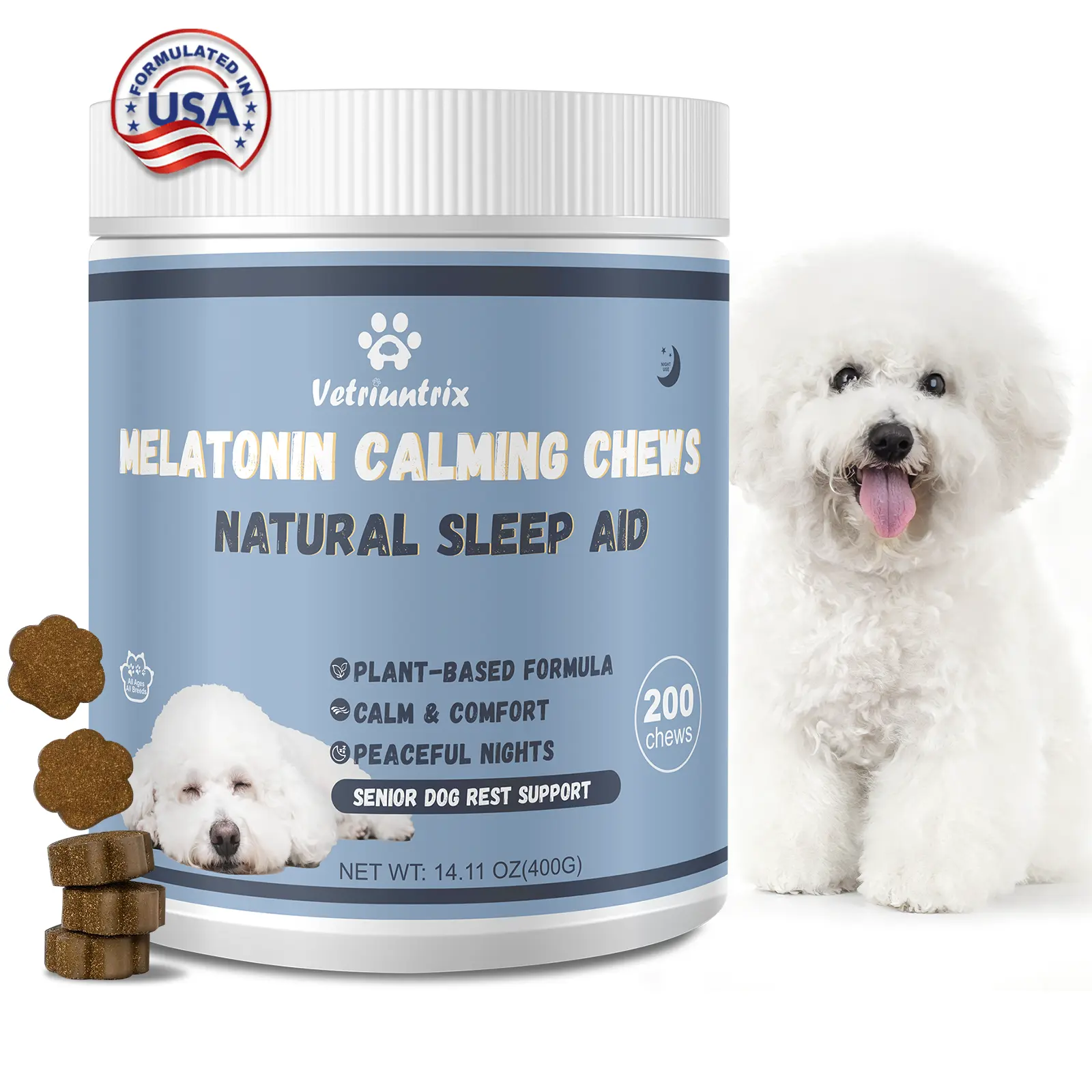 Vetriuntrix Melatonin for Dogs, Calming Chews for Dogs for Sleep Aid, Fireworks, Storms, Thunder, Barking, Separation, Dog Calming Chews with Valerian Root & L-Theanine
