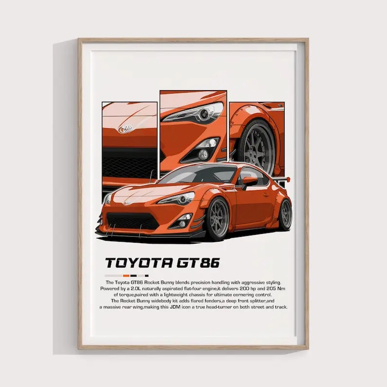 Toyota GT86 Poster Modern JDM Sports Coupe Print Automotive Wall Art & Garage Decor for Car Enthusiasts - No Frame