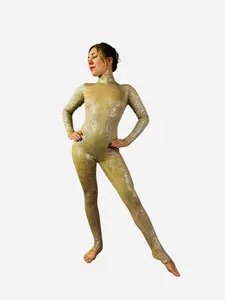 Champagne Sequin Catsuit, Fairy Costume, Open Back Spandex Jumpsuit, Iridescent Performance Wear, Turtleneck Long Sleeve Unitard