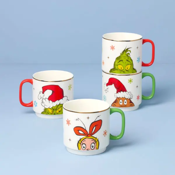 Lenox 898097 Merry Grinchmas Stackable Mugs - 4-Piece Set, Christmas Aesthetic Kitchenware Drinkware, Four Mugs