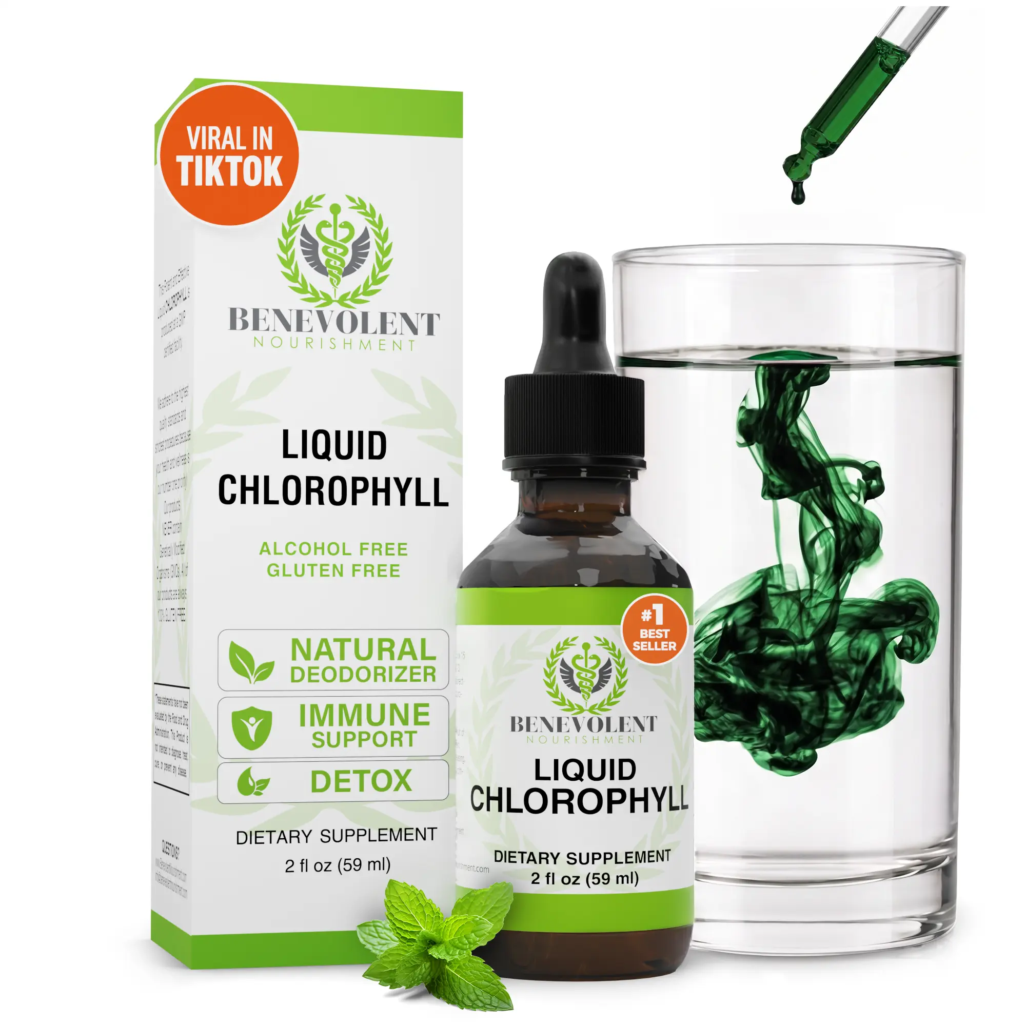 Liquid Chlorophyll Drops Nutritional Supplement - 4-Month Supply, Peppermint Flavor, Internal Deodorant Supplement, Gut Support, Liver Cleanse Detox, Antioxidant Rich, Bad Breath Relief