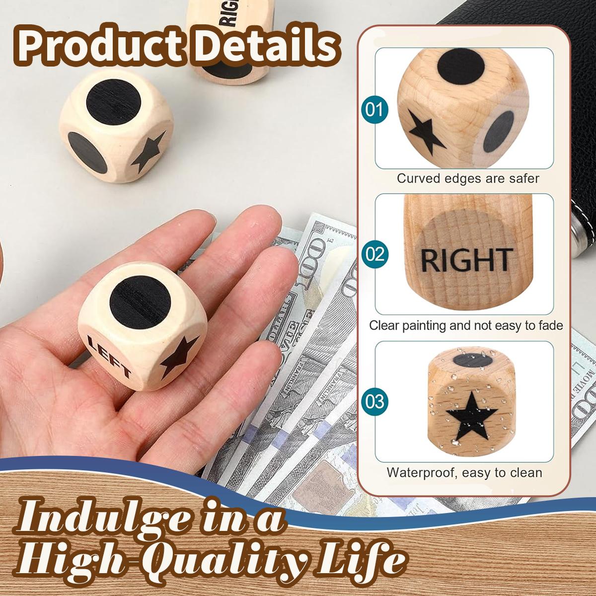 Fun Left Right Roll Dice Game Set, Include 3 1-inch Wooden Dices 48 Pcs Chips in Wooden Box, Easy to Store and Carry Around for Travel(Wood)