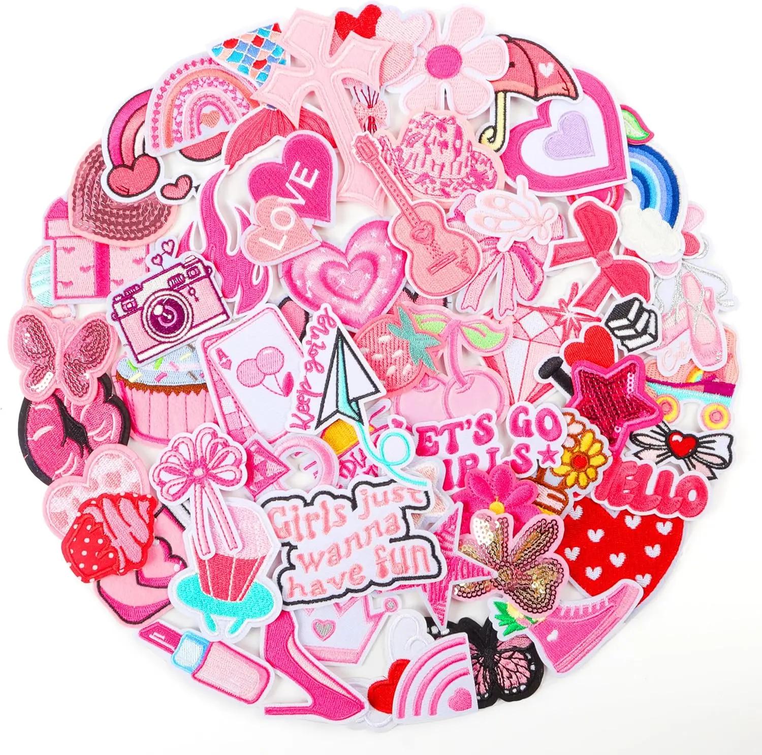 60PCS Pink Vintage & Trendy Iron-On Embroidered Patches for Girls - Unique Embroidery Appliques Embellishments for DIY Backpacks, Clothing Accessories