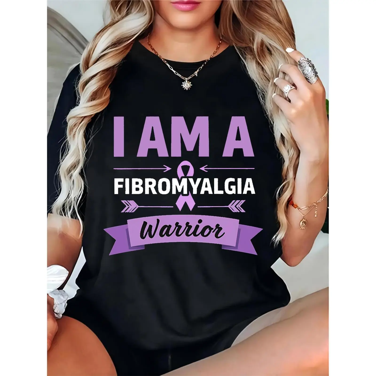 Ladies' Black Cotton Short-Sleeve Fibromyalgia Warrior Tee - Purple Ribbon Arrows Banner, Simple, Elegant, Feminine, Comfortable, Basic Essential Casual Daily Support Event Top, Regular Fit, Round Neck