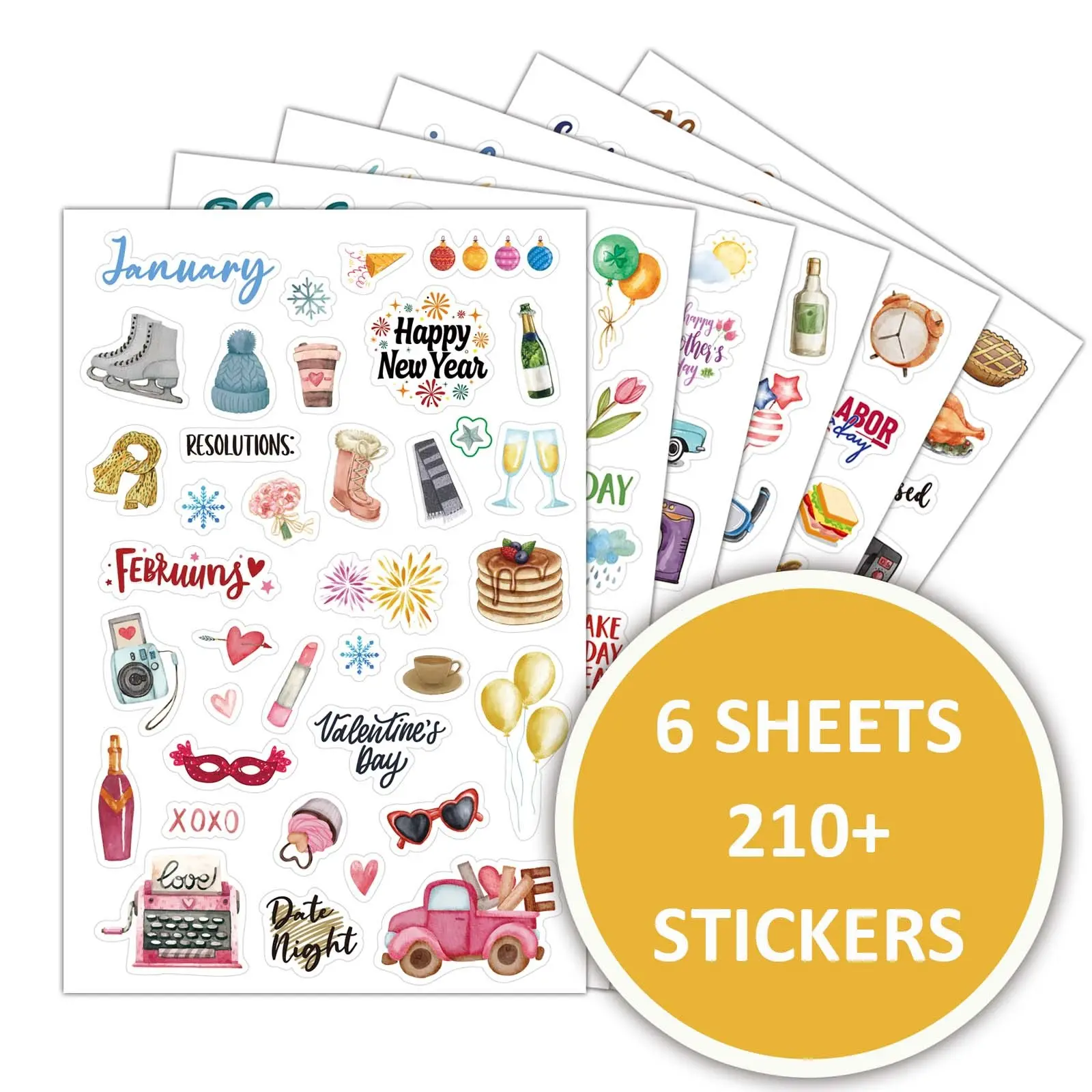 210+ Stickers Large Calendar Planner Book with Monthly Labels, Diary Sticker, Birthday Wedding Valentine Christmas New Year Decorations, Soft Bright Colors, Sticker Paper, Scrapbooking, Scrapbook Accessories