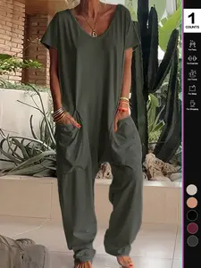 Women's Casual Jumpsuit, Short Sleeve V-Neck Design, Loose Fit Wide-Leg Romper, All Season Wear, Plain Pattern, with Pockets
