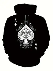 Men's Vintage 3D Spade a Poker Print Hoodie, Casual Fitted Long Sleeve Graphic Sweatshirt, All Seasons Street Style