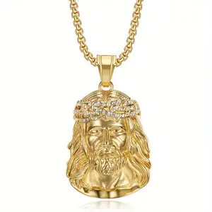 18K Gold Plated Plated Stainless Steel Jesus Christ Pendant Necklace with Accents - Hip Hop Collar Chain for Men & Women, Religious Jewelry Gift for Christians, Couples, Unisex Fashion Jewelry, Sparkling Detail, Highquality Finish