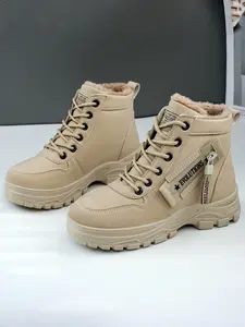 Women's Fashion Warm Snow Boots, Fleece Lined Thick Comfortable Cotton Boots, Waterproof Lace-Up Mid-Calf Large Size Winter Shoes, Casual Outdoor Boot