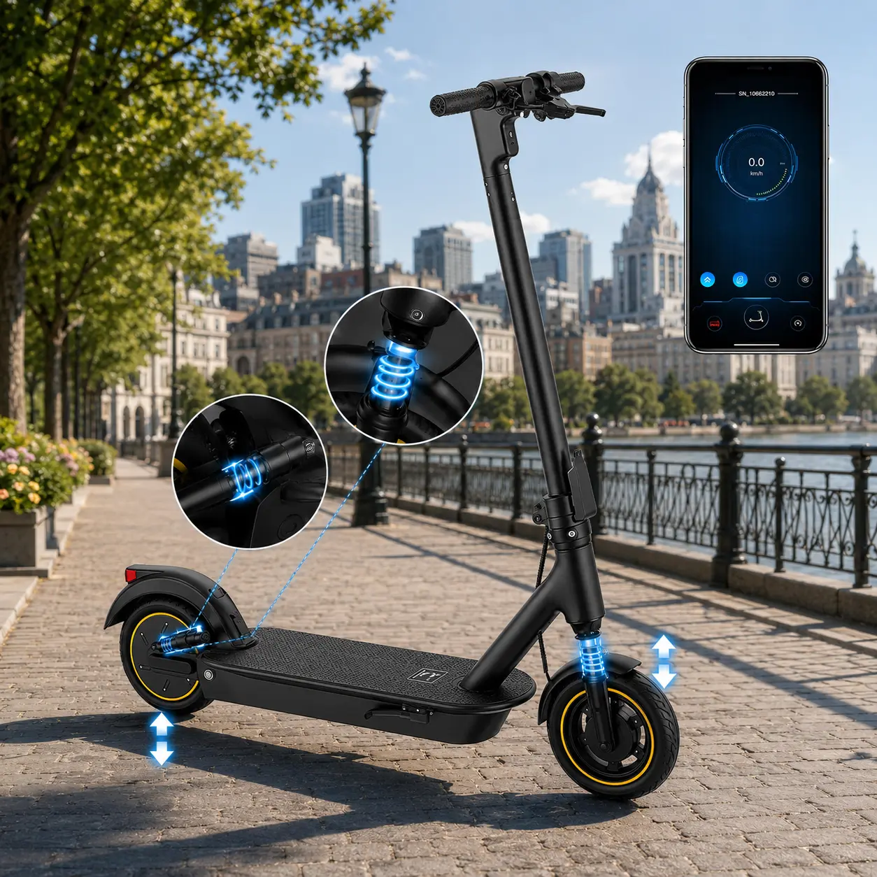 Adult App-Controlled Motorized Scooter, Modern Compact A-Foldable 500W High-Performance Commuter, 19 MPH Speed, 10" Solid Tires, Dual Brake Safety System, LED Lights