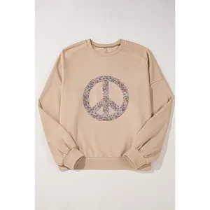 Pale Khaki Floral Peace Sign Graphic Washed Terry Plus Size Sweatshirt