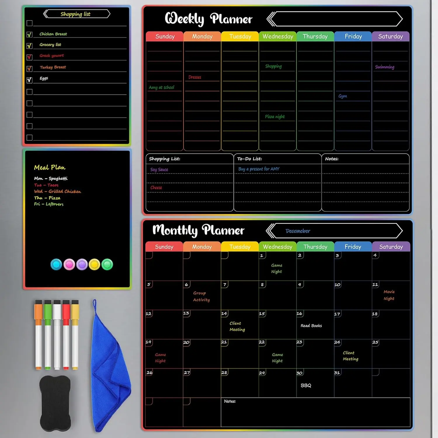 4 Pack Black  Fridge Calendar Set, 15x11.5 Dry Erase Chalkboard Calendar Whiteboard for Refrigerator, Includes Monthly, Weekly, List & Small Board with 5 Markers, 1 Eraser, 5