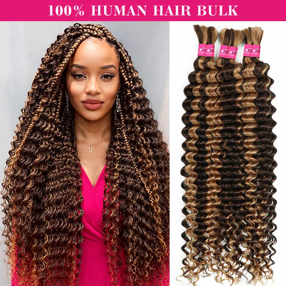 P4 27 Highlight Deep Wave Bulk Human Hair For Braiding No Weft Ombre Colored Bulk Human Hair Extensions 100g Per Bundle